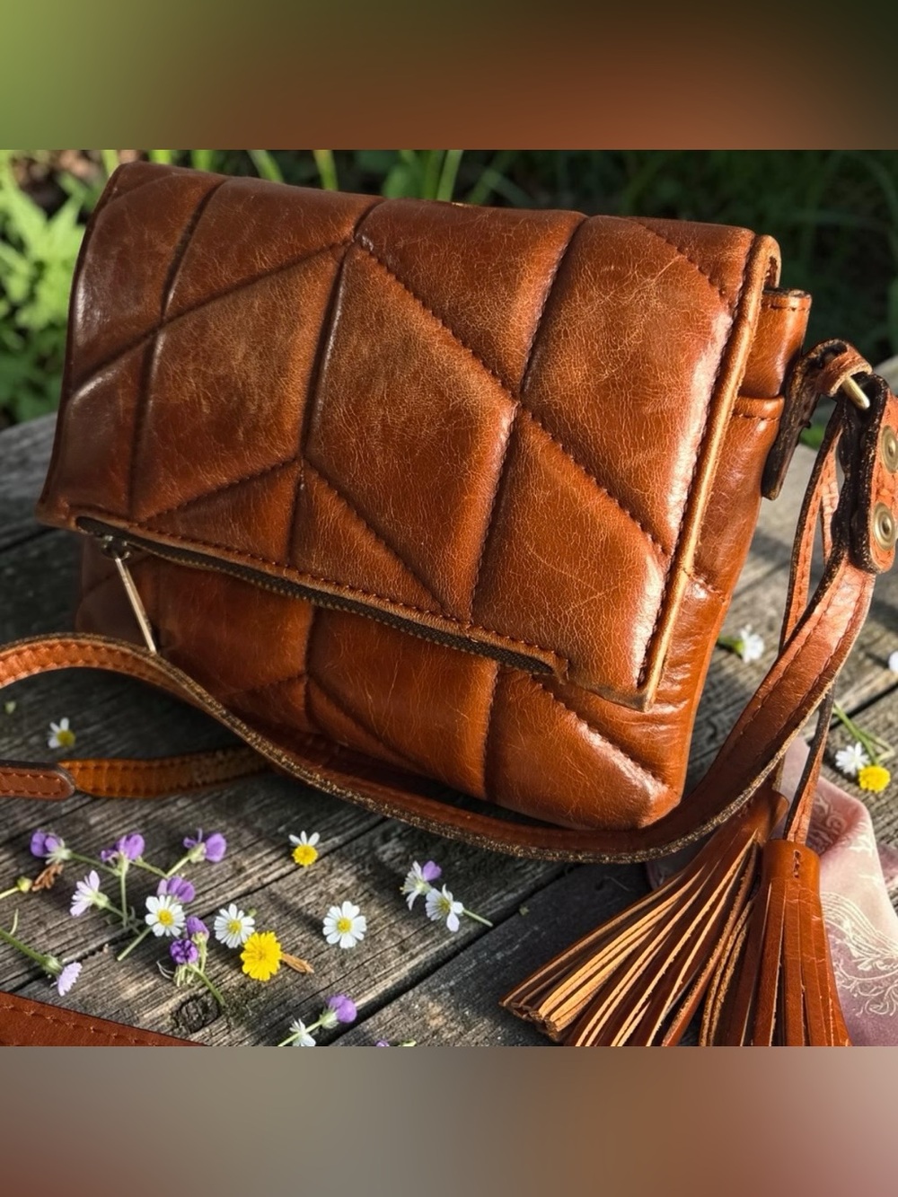Patricia Nash vintage Cognac leather Crossbody bag quilted tassel - Picture 3 of 13